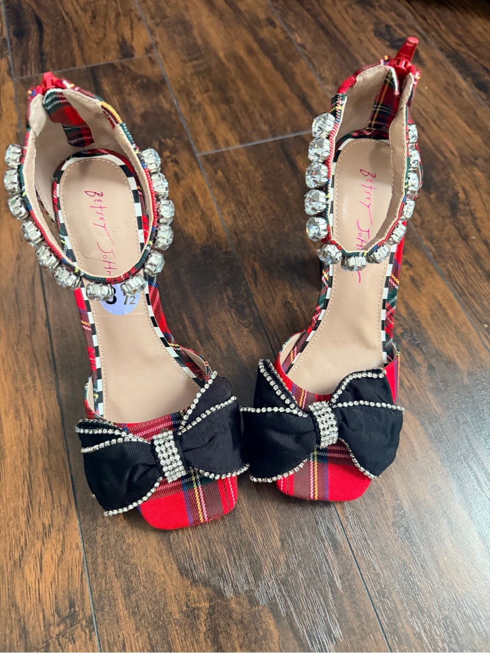 Betsey Johnson Red Plaid Heels with Black Bow & Crystal Anklet